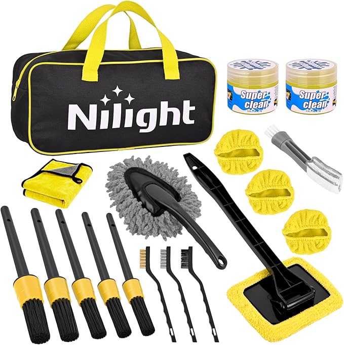 Nilight 15PCS Car Detailing Kit Auto Cleaning Tools Wash Set with Storage Carry Bag Beginners Easy to Use for Interior Exterior Car Care Clean Windshield Dashboard Seat Air Vents Wheels Tires, Yellow
