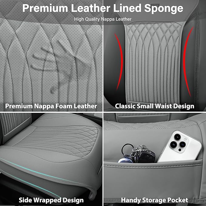 CAR PASS Car Seat Protector, 2 Pack Sideless Nappa Leather Seat Covers for Cars, All Season Waterproof Breathable Front Seats Cushion with Storage Pocket Universal Fit Vehicle Car SUV Truck, All Gray