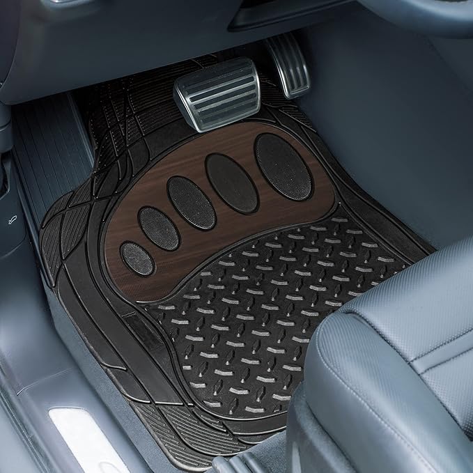 FH Group Automotive Floor Mats Universal Fit Trimmable Climaproof for All Weather Heavy Duty Rubber fits Most Cars, SUVs, and Trucks, with Footprint Design, Full Set Brown Black
