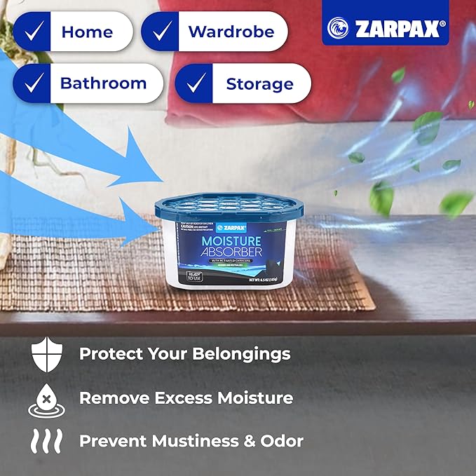 ZARPAX Moisture Absorber Activated Charcoal 6.5 oz/185g | Removes Moisture, Damp, Humidity & Odors | Odor Absorber | Moisture Trap for Bathroom, Closet, Kitchen & Small Spaces | Set of 15