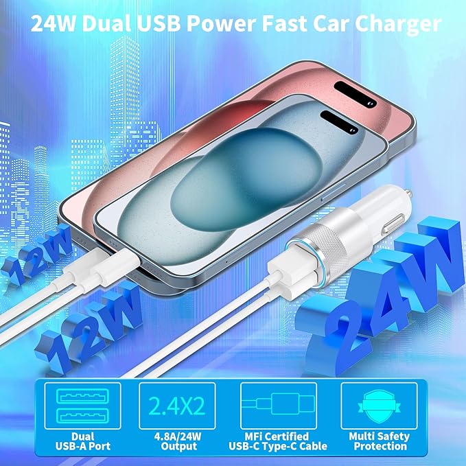 [Apple MFi Certified] iPhone 17 Car Charger, Braveridge 2Pack 4.8A USB Power Cigarette Lighter USB-C Fast Car Charging + Type-C Cable for iPhone 17/17 Air/17 Pro/17 Pro Max/16/15/Galaxy S26/S25/Pixel