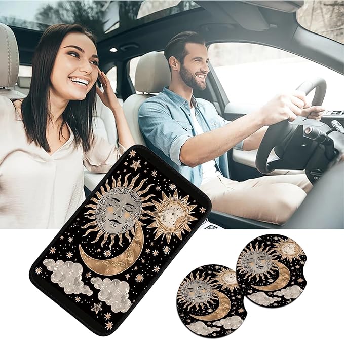 Car Armrest Cover Pads Universal Fashion Cute Auto Center Console Armrest Cover Pad with 2PCS Car Coasters Soft Waterproof Car Armrest Seat Protector for Women, Sun Moon Clouds Stars
