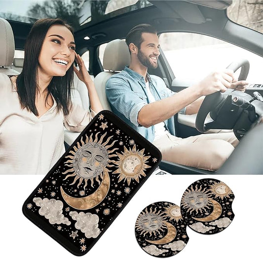 Car Armrest Cover Pads Universal Fashion Cute Auto Center Console Armrest Cover Pad with 2PCS Car Coasters Soft Waterproof Car Armrest Seat Protector for Women, Sun Moon Clouds Stars