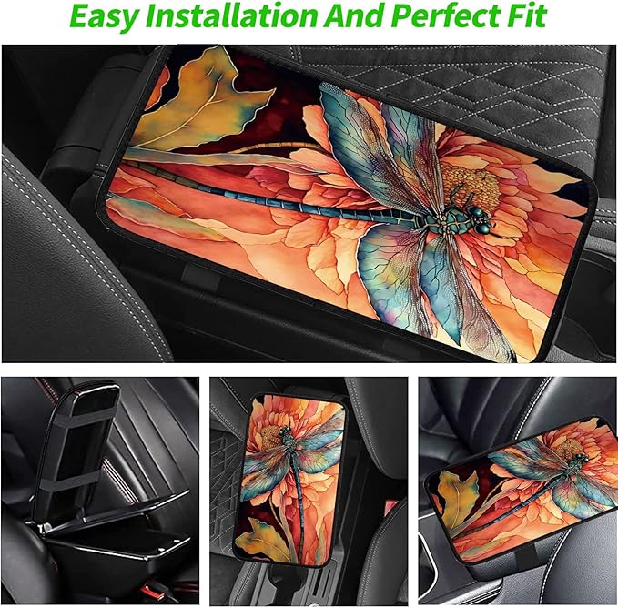 Car Armrest Cover Pads Universal Fashion Cute Auto Center Console Armrest Cover Pad with 2PCS Car Coasters Soft Waterproof Car Armrest Seat Protector for Women Girls, Dragonfly