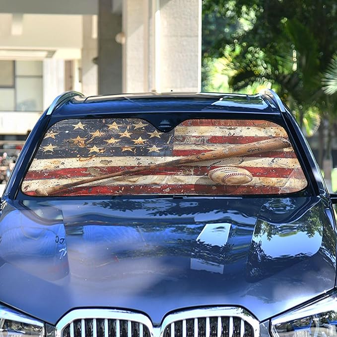 xigua Vintage Baseball Car Windshield Sunshade Foldable Front Window Sun Visor Protector for Car,SUV,Truck - Keep Vehicle Cool,55 x 27.6 Inch