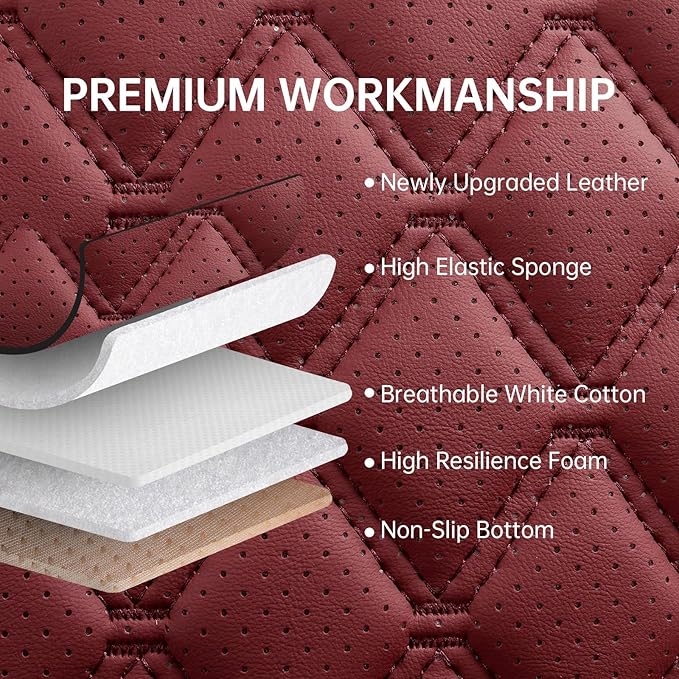Car Seat Covers Full Set Burgundy, Luxury Faux Leather Waterproof Women Non-Slip Seat Protector Universal Fit for Most Cars SUVs Trucks Pick-ups Car Accessories Interior (Wine Red-Full Set)