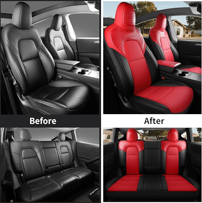 for Tesla Model Y Seat Cover 2020 2021 2022 2023 2024 (5-Seater Only) Customized Fit Car Seat Cover Interior Protectors (Crocodile Skin Red+Black)