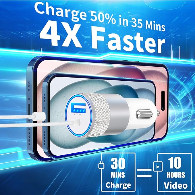 【MFi Certified】iPhone Fast Car Charger, Caiinei 4.8A Dual USB Power Cigarette Lighter iPhone Car Charger Fast Charging Adapter + 6FT Lightning Cable for iPhone 14 13 12 11 Pro Max XS Mini XR X SE iPad