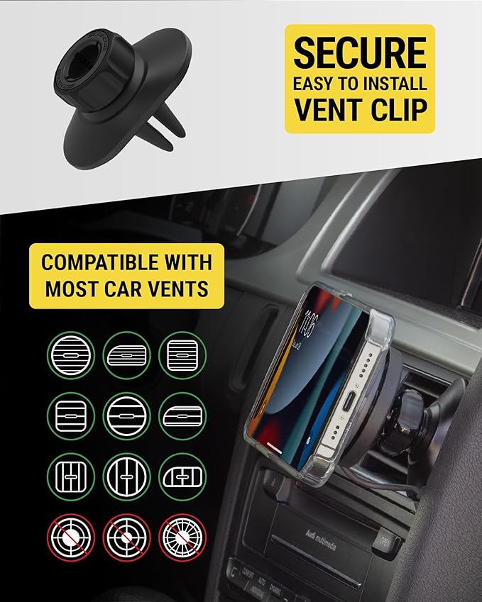 Scosche Qi2 Wireless MagSafe Car Mount Charger, 15W Magnetic Suction Cup Windshield/Dashboard Cell Phone Holder with Vent Clip & Fast USB-C Car Charger Compatible with Apple iPhone 16/15/14/13/12, S25