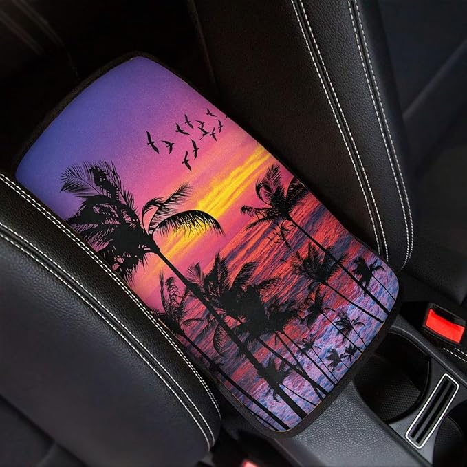 Dreaweet Sunset Palm Tree Print Arm Rest Cover for Car Women Purple Car Center Console Cushion Pad Hawaiian Car Accessories Universal Armrest Cover for SUV Sedan