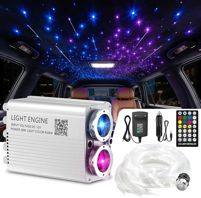 Starlight Headliner Kit 800pcs 0.75mm | Dual-Color Twinkle & RGB Meteor Lights | 32W Fiber Optic Ceiling Light for Cars, Trucks, SUVs, RVs, Boats & Home Use