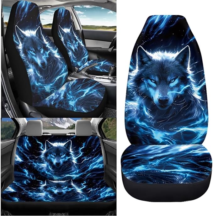 KEIAHUAN Blue Wolf Print Car Seat Covers for Men Automotive Front and Rear Split Bench Seat Cover Set Washable Breathable Universal Fits Most Vehicle Truck,SUV
