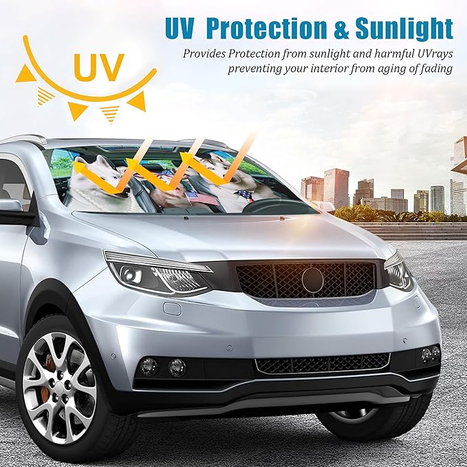 Funny Husky Driving Car Windshield Sun Shade Foldable Sunshade Front Window Cover Sun Visor Protector Accessories (59x27.5 inches)