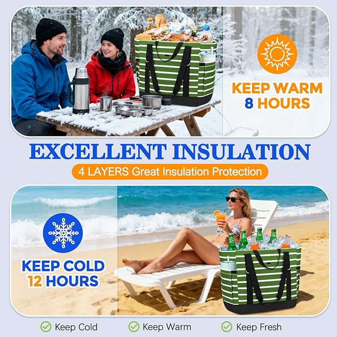 HUANLANG Soft Cooler Bag Insulated for Travel,Large Insulated Grocery Bags with Zippered Top,PEVA Collapsible Food Delivery Cooler Bag for Beach, Travel, Picnics