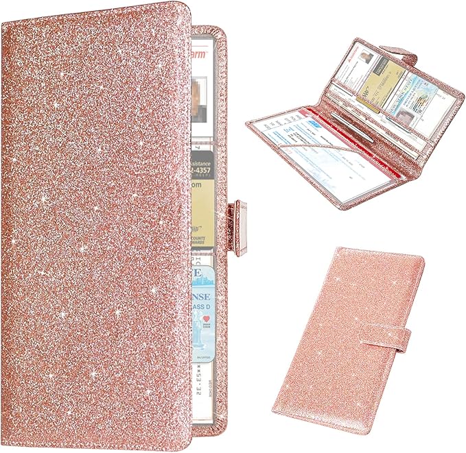 RSAquar Car Registration & Insurance Holder, Vehicle Glove Box Organizer, Cool Accessories for ID, Driver License Cards & Essential Documents, Glitter Rose Gold