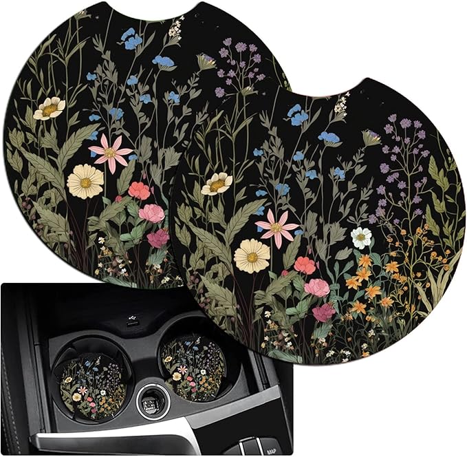 Car Armrest Cover Pads Universal Fashion Cute Auto Center Console Armrest Cover Pad with 2PCS Car Coasters Soft Waterproof Car Armrest Seat Protector for Women Girls, Wildflowers