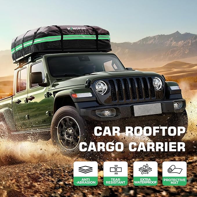 Car Rooftop Cargo Carrier Bag, Waterproof 21 Cubic Feet Car Roof Luggage Carrier for All Vechicles with/Without Racks, Includes Anti-Slip Mat, 8 Reinforced Straps, 6 Door Hooks, Luggage Locks (Green)