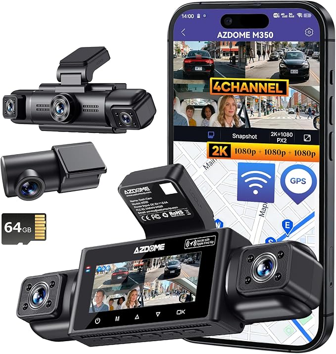 AZDOME 4 Channel Dash Cam 360°View,2K Dash Camera for Cars,Front and Rear Left Right Wireless Car Camera,Find My & APP Control,Built-in GPS 5.8G WiFi,Night Vision,24H Parking Mode,Free 64GB Card