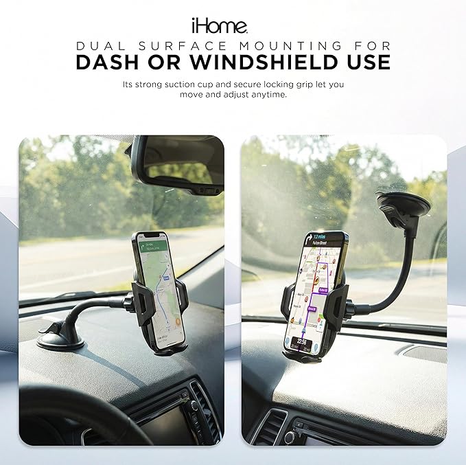 iHome Car Mount, Dashboard/Windshield/Vent Mount, Swivel Neck, Silicone Grip, Adjustable Mount Arm with Suction Cup Base (Gooseneck Car Mount)