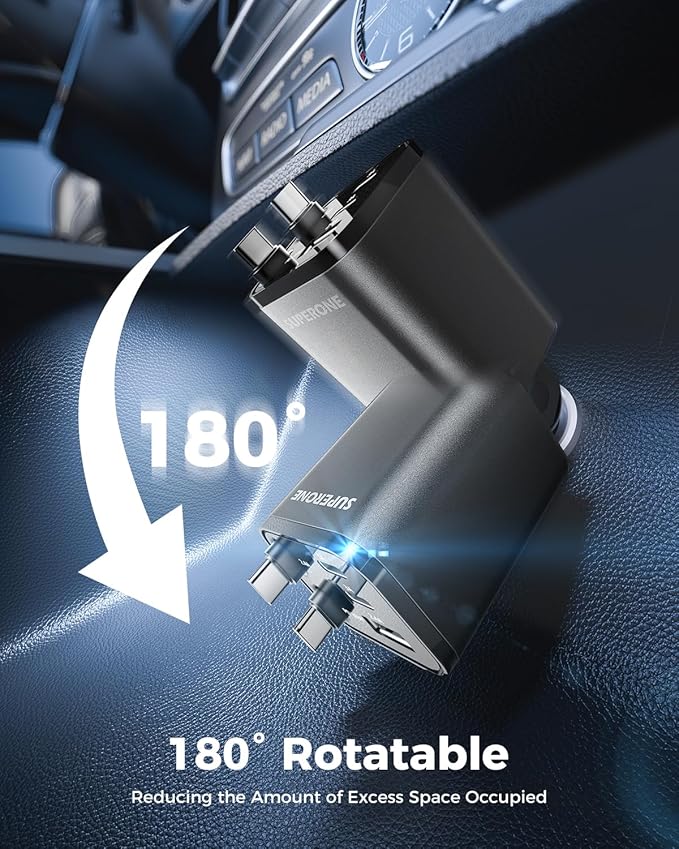 2026 Ultra-Compact SUPERONE Retractable Car Charger, 5 in 1 Car Phone Charger with Dual Type C Cables, 84W Fast Charging USB C Car Accessories Adapter for iPhone 17/16/15/14/13/12/11, Galaxy, Pixel