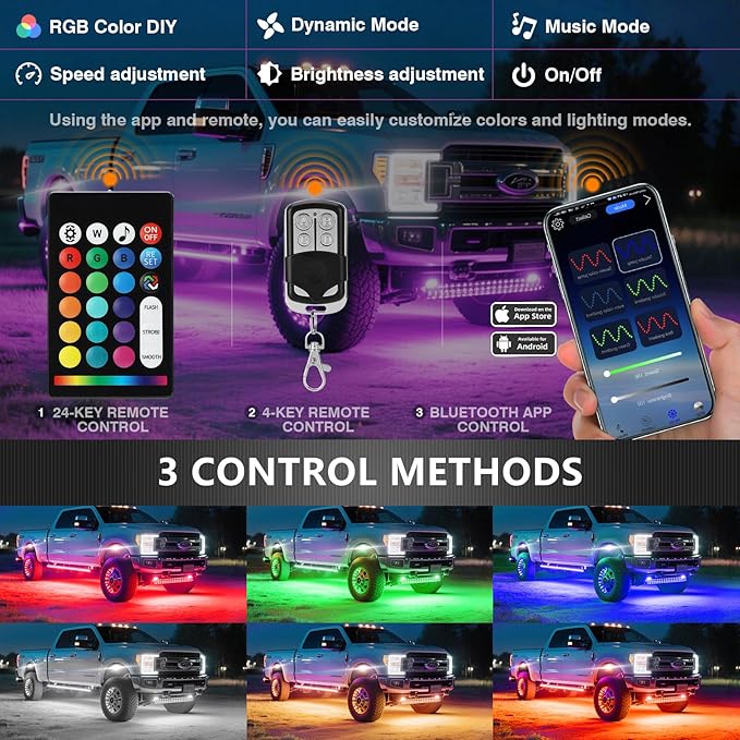 4 Pods Segmented Alloy RGB LED Rock Lights for ATV UTV Golf Cart SXS Trucks Offroad Car, Waterproof Impact Resistant Metal Underglow Kit with APP RF Control Sync Music Multicolor Neon Underbody Light
