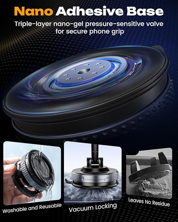 Vacuum Magnetic Phone Holder, Upgraded Suction Phone Mount, 360° Adjustable Car Phone Holder for MagSafe, Phone Holders for Your Car/Gym/Mirror, Compatible with iPhone & Android Smartphones