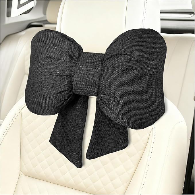 Sun Walker Bow Car Headrest Pillow, Breathable Bow-Shaped Vehicle Neck Pillow with Adjustable Strap, Ergonomic Neck Support Cushion Driving Seat Decoration for Women Girls (Black)