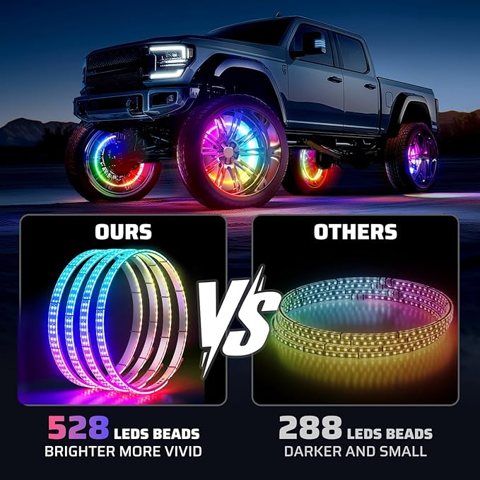 Ehaho 14''-18'' Double Row Adjustable Wheel Lights, Brighter RGB Chasing Rim Lights with App, Music Wheel Ring Light with Turn & Braking Signal Compatible with Various Trucks SUV Car（4PCS）