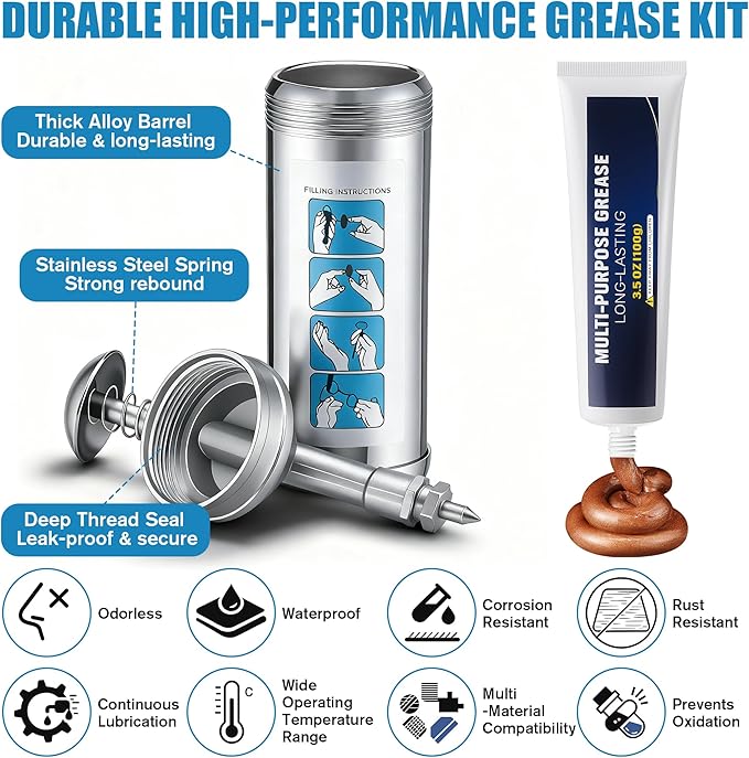Mini Grease Gun with High Performance Bicycle Grease, Small Lubricant Gun with Nozzle, Bicycle Lubricant and Lube Kit 100g for Bike, Pedals, Bearings, and Chains, 3oz Cartridges