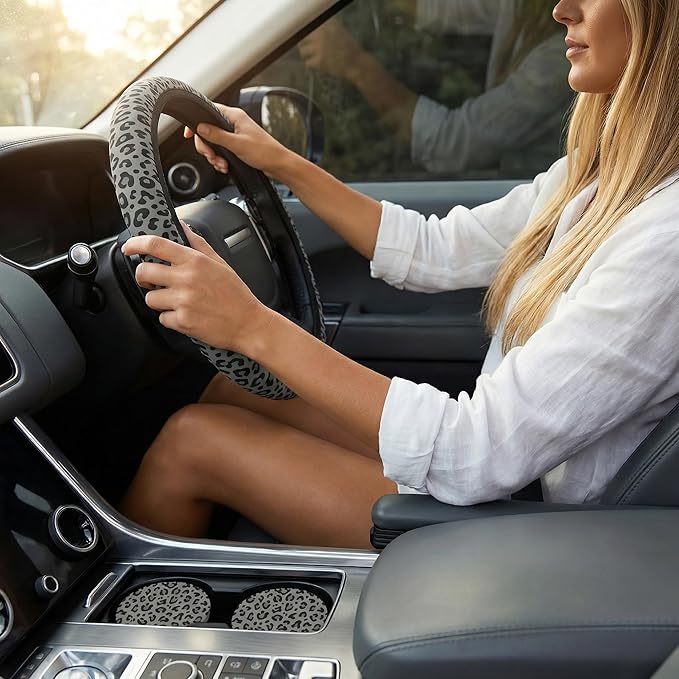 Black Leopard Print Steering Wheel Covern Cheetah Animal Print Steering Wheel Cover Anti-Slip Breathable Universal for Car Steering Wheel Cover for Men Women,with 2 Pieces Car Coasters