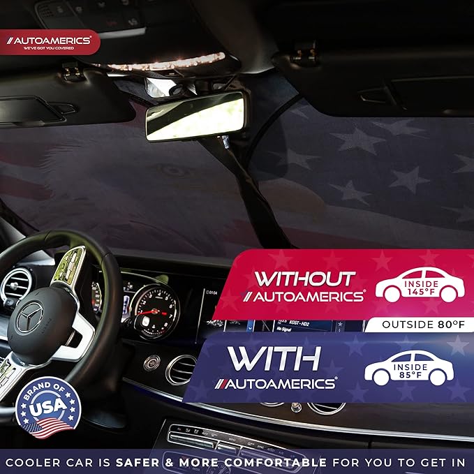 Autoamerics 1-Piece Windshield Sun Shade American Eagle Flag - 2 USA Patriotic Design - Foldable Car Front Window Sunshade for Sedans SUV Truck - Blocks Max UV Rays and Keeps Your Vehicle Cool Medium