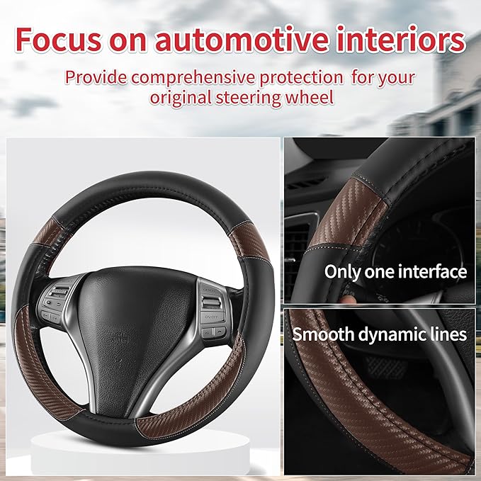 Non-Slip Car Nappa Leather Steering Wheel Cover,Universal Car Accessories Women Men Fit 14" 1/2-15" Suvs/Vans/Sedans/Cars/Trucks,Brown