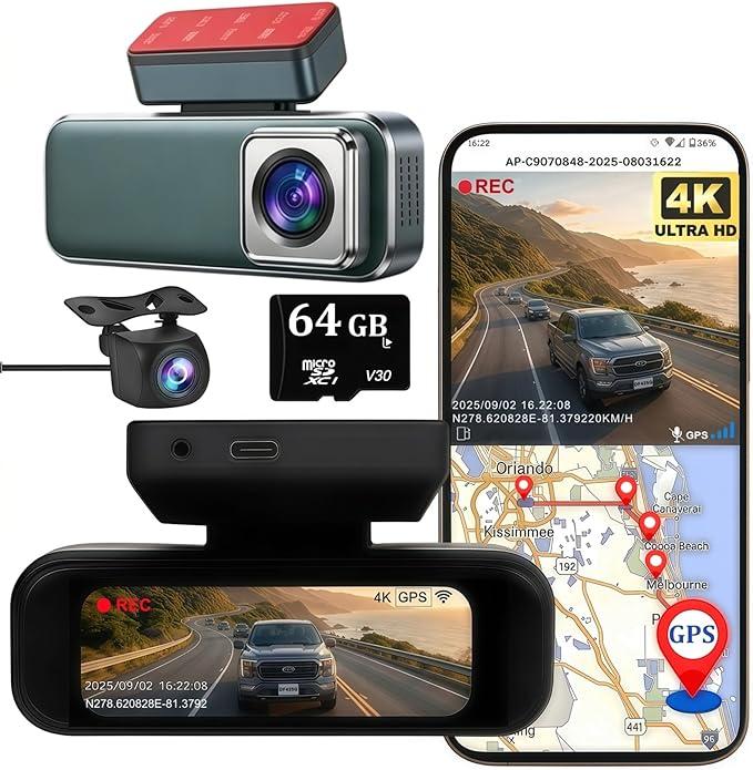 Dash Cam Front and Rear with GPS, 4K+1080P Dash Camera for Cars, 7Track Dual Car Camera with Built-in GPS Tracker, 64GB Card, 3.19" IPS Screen, WiFi, HDR, Night Vision, Parking Mode, Loop Recording