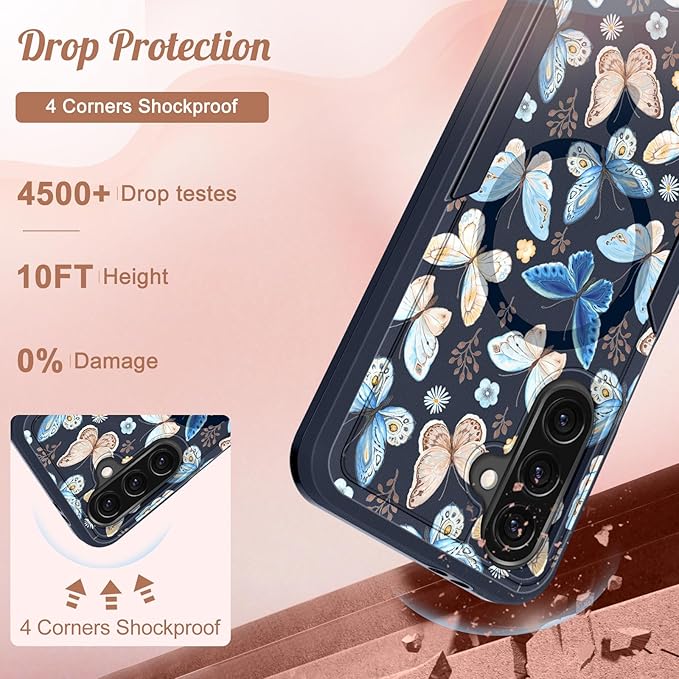 for Samsung Galaxy A36 5G Phone Case - Compatible with MagSafe Women Girls Cute Magnetic Protective Cover Girly Blue Butterfly Heavy Duty Shockproof Design for Samsung A36 5G Cases 6.7"