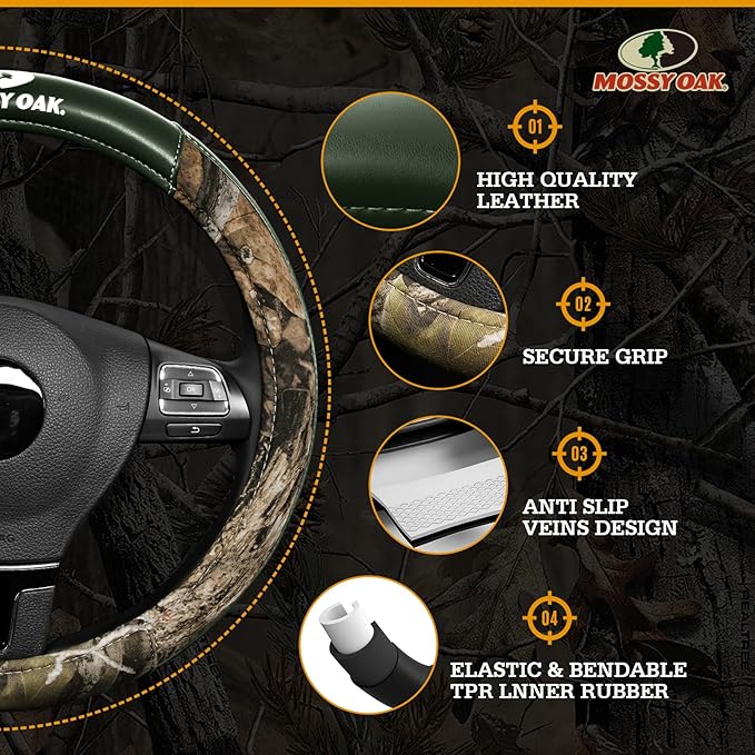 Mossy Oak Camo Steering Wheel Cover, Durable Grip Car Steering Cover, Universal Fit 14.5"–15.5" - Made with Premium Green PVC Leather and Cotton Fabric, Anti-Slip - Official Licensed Product