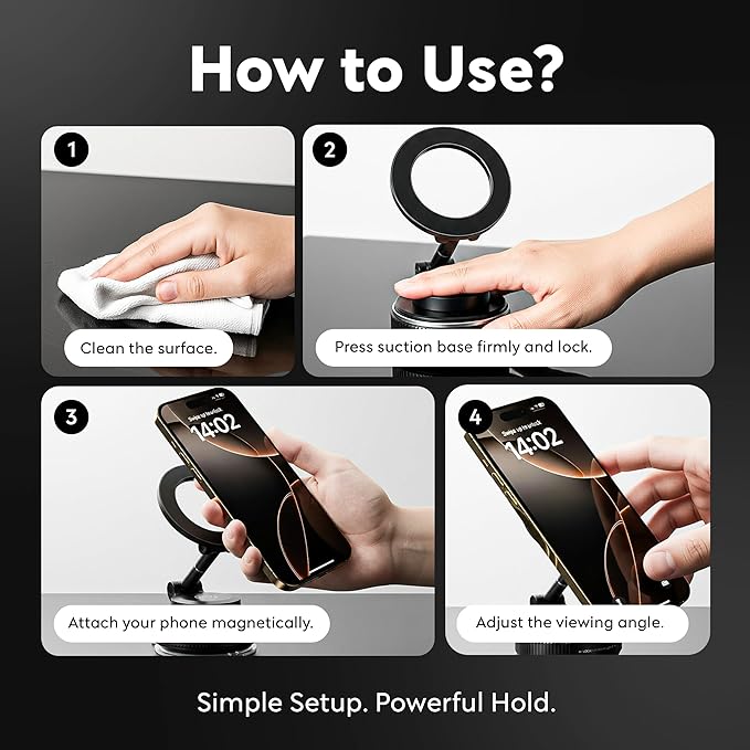 Heavy Duty Magnetic Phone Holder Vacuum Suction Mount Foldable, 360° Adjustable, Car/Office/Gym - Dashboard, Windshield, Window, Mirror, Universal Mount - Magsafe Compatible, iPhone, Samsung, Pixel