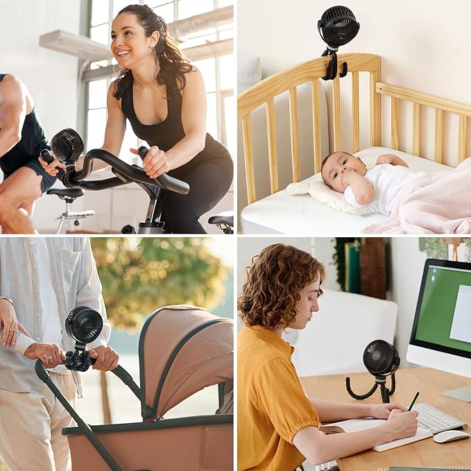 Momcozy 8000mAh Portable Stroller Fan | 27H Ultra-long Battery Life | Detachable 4 Speed 360°Rotate | 2 Modes LED Night Light, USB Rechargeable Handheld Cooling Fan for Travel, Car Seat, Bedroom