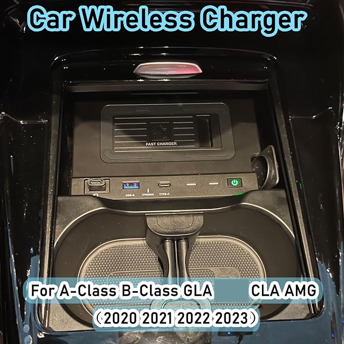 Wireless Car Charger for Mercedes Benz A-Class B-Class Gla Glb Cla Amg 2020-2023 All Models Accessory with 15w Wireless and 27w USB Qc3.0 Fast Charging (2024 New)