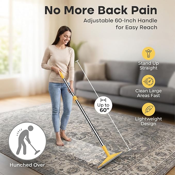 Carpet Rake for Pet Hair Removal – Reusable Cat & Dog Hair Remover Broom with Adjustable 60" Long Handle, Rug Rake Scraper for Carpet, Rugs, Mats, Upholstery & Couch Cleaning
