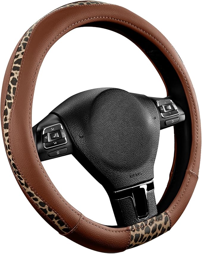 Road Comforts D-Type Steering Wheel Cover - Made with PVC Leather and Leopard Fabric - Universal Fit for 15-Inch D-Shaped Automotive Steering Wheels (Brown Color)