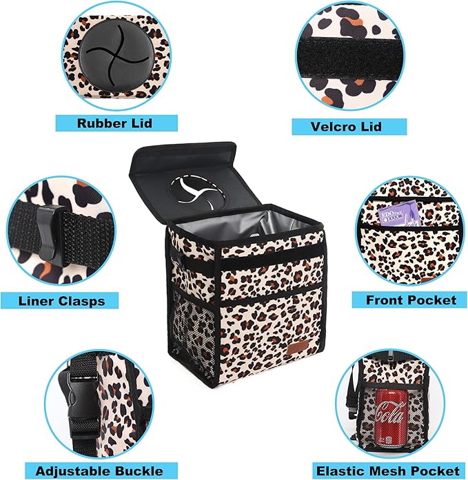 Femuar Leak Proof Car Trash Bag Large Capacity Waterproof Garbage Can with Lid for SUV Leopard Print