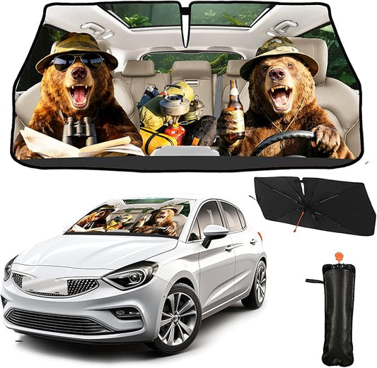 CHILL·TEK Funny Car Windshield Sun Shade Umbrella, Funny Bear Car Sun Shade Umbrella, Block UV Rays Heat Foldable Windshield Umbrella Sun Visor Protector - Keep Vehicle Cool for Cars SUV