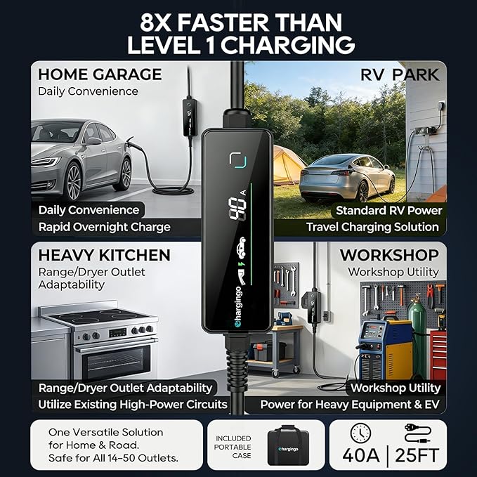 Level 2 EV Charger for Tesla (NACS Connector), 40A 240V NEMA 14-50 Plug, 25FT Cable Portable EV Charger for Home/Outdoor, Adjustable 16-40A with LCD Display, ETL Certified Fast Charging