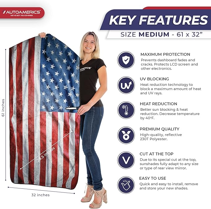 Autoamerics 1-Piece Windshield Sun Shade Grunge American Flag - 3 USA Design - Foldable Car Front Window Sunshade for Most Sedans SUV Truck - Blocks Max UV Rays and Keeps Your Vehicle Cool - Medium