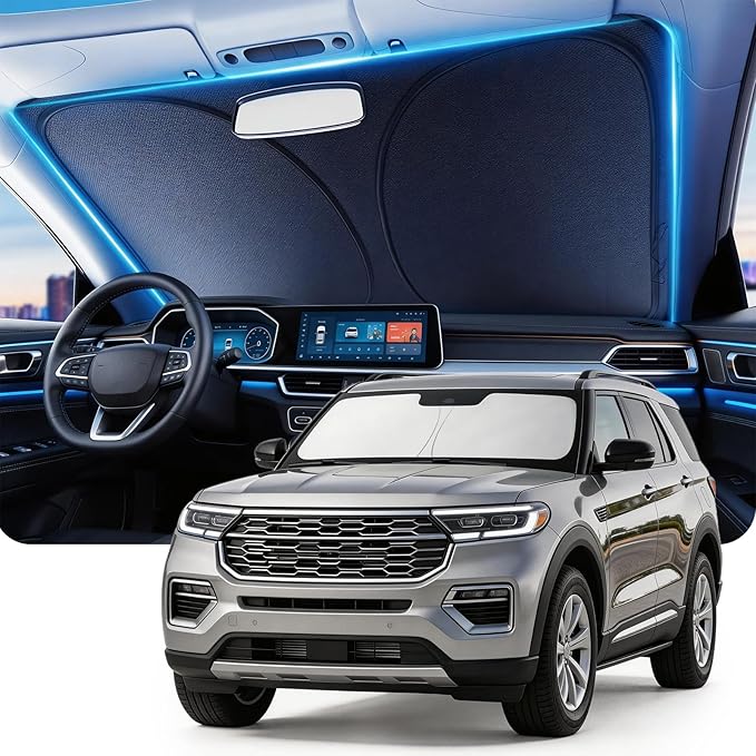 DMJN Windshield Sun Shade for Ford Explorer (2020-2026), Car Sunshade for Front Windshield [100% Efficient Block UV & Scorching Sun] UPF50+ Heat Block - Protect Interior & Keep Cooler