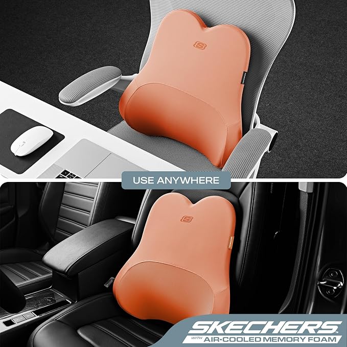 Skechers Air-Cooled & Memory Foam Lumbar Pillow,Lumbar Support Pillow For Office,Chair Lower Back Pain Relief Lumbar Pillow,Ergonomic Design Back Support Pillow For Office Chair,Car,Home,Travel,Orange