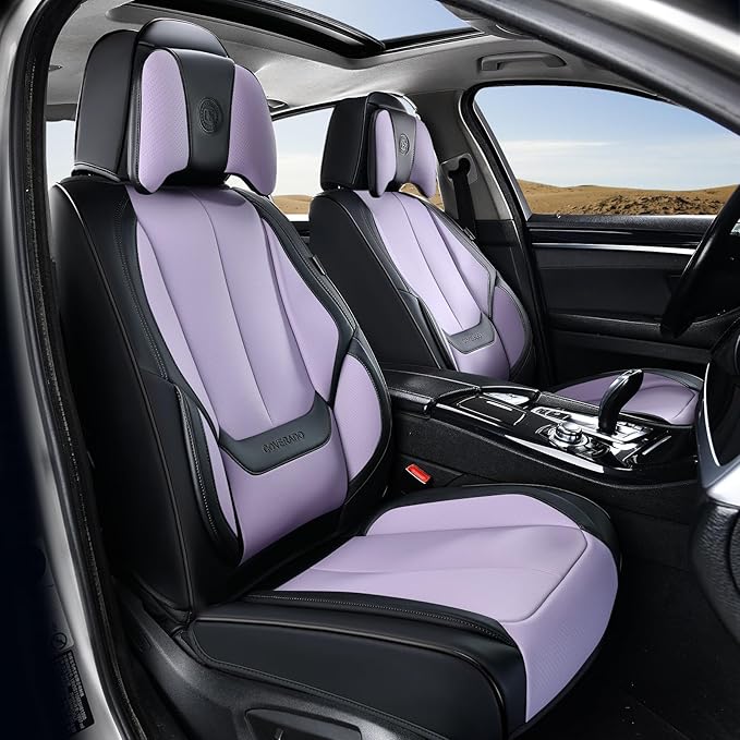 Coverado Universal Seat Covers Front, 2-Pack Universal Seat Covers for Cars, Waterproof Nappa Leather Car Seat Covers with Head Pillow, Auto Protectors Fit for Most Sedans SUV Truck-Black&Purple