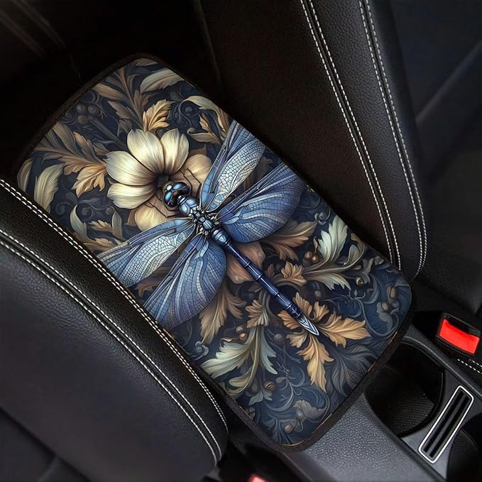 Suobstales Dragonfly Floral Print Car Armrest Pad Soft Center Console Arm Rest Protector Cover Universal Car Interior Accessories Decoration
