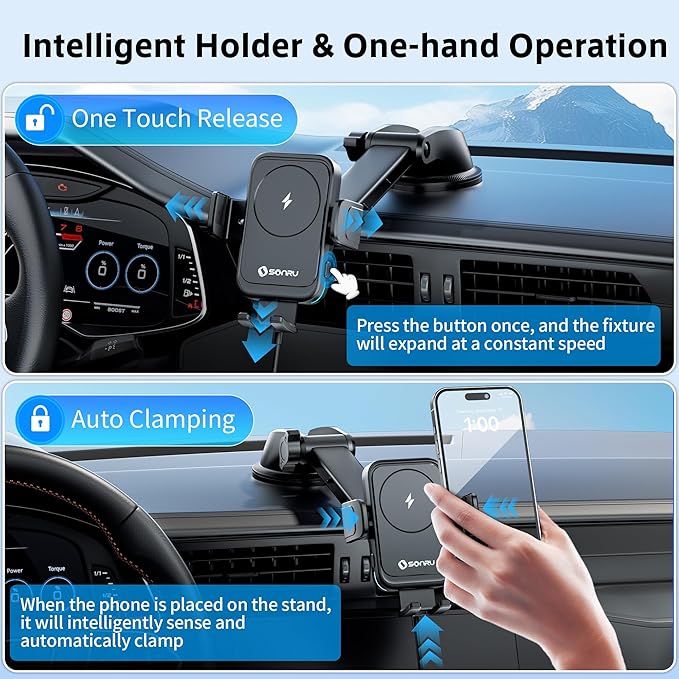 SONRU Car Phone Holder Wireless Charger, Qi 15W Wireless Car Charger Fast Charging Auto Clamping Car Charger Mount Suction Holder Dashboard Air Vent for iPhone 16/15/14/13/12/11, Samsung S25/24