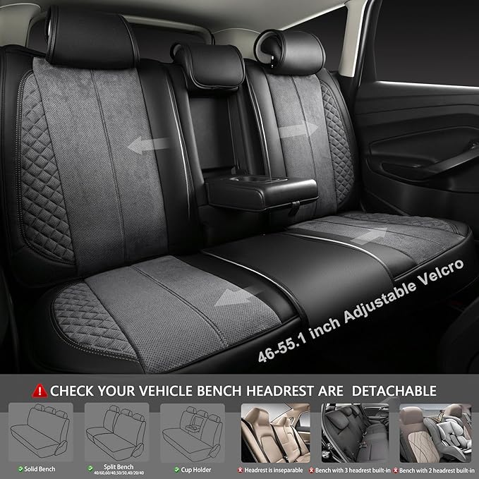 CAR PASS Suede Leather Seat Covers Full Set Soft Protector Durable Cushioned Warm in Winter Breath in Summer,Universal Sport Car Seat Cover Fit for Sedan SUV Pick-up Truck,Anti-Slip and Backseat(Grey)